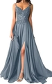 Elegant grey-blue evening dress with lace V-neck, sequins and high slit skirt - L (US 12) / Blue Gray