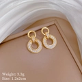 Close-up of gold geometric earrings with pavé zircons showing 1.2x2cm size and 3.3g weight - Gold Double Ring Stud Earrings With 925 Silver Pin (D252)