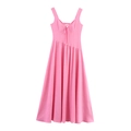 Mouwloze roze A-lijn midi-jurk met V-hals en strikdetail op een witte achtergrond - XS / Roze