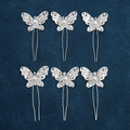 Détail de six épingles à cheveux papillon argentées avec cristaux et perles - N° 6 Argent [6 Pcs]