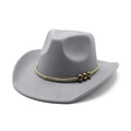 Close-up of deep gray felt cowboy hat featuring woven band and antique bronze metal beads - Gray