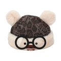 Winter leopard print baby hat with cream fur ears and decorative black glasses - Cartoon Bear with Glasses (Grey B)