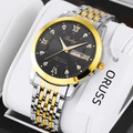 Men's quartz watch featuring a black dial, gold-toned Roman numerals and two-tone steel band - Two-tone Black Dial