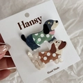 Detail shot of two dachshund hair clips with polka dot patterns on a branded white card - 2Pcs Cartoon Polka Dot Dog
