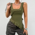Women's Y2K army green tank top with asymmetrical ruffles and a U-neck design - S / Army Green