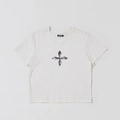 Detail van zwarte kruissterprint op wit vintage gewassen katoenen t-shirt - XS / Vernietiging Wit