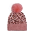 Pink sequin knit beanie with a large faux fur pompom for winter outdoor warmth - One Size / Flesh Pink