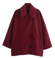 Macro detail of wine red oversized wool jacket showing texture and lapel buttons - XS / Burgundy