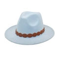 Close-up of light blue wool felt fedora featuring a decorative brown braided leather band - M (56-58cm) / Sky Blue