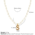 Elegant gold S-letter pendant necklace with white freshwater pearls on stainless steel chain - Letter S Gold-Tone Artificial Pearl Necklace