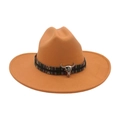 British style wide brim cowboy hat in orange wool felt with bull skull ethnic band - Camel