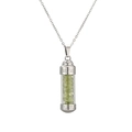 Silver stainless steel perfume bottle necklace with green crushed stones and Greek fret pattern - Silver Green Stone gravel