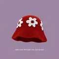 Handmade red knit bucket hat with white floral details and vintage crochet texture - M (56-58cm) / 3D Floral Basin Hat Red