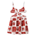 Abito corto a fiori rosso e bianco con ritagli in vita e dettagli in pizzo - S / Fiore Rosso