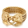 Golden punk double lion head wheat chain bracelet with intricate braided link design - Lion Head / Gold