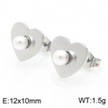 Polished silver titanium heart stud earrings with white pearl inlay and size details - Steel Heart Shell Pearl Earrings (KE109412-KLX)
