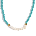 Handmade necklace with lake blue faceted crystals and white freshwater pearls - Emerald Green Jade Texture