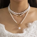 Layered faux pearl necklaces set with heart OT buckle and drop pendant on model - Two-Piece Pearl Heart Toggle Clasp (02 Gold Set) / Gold (3268)