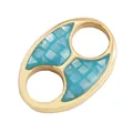 Golden oval connector with light blue grid inlay and double holes for DIY jewelry - Inlaid Pig Nose / Gold Aqua Blue Shell