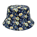 Detailopname van donkerblauwe vissershoed met bloemenprint en gestikte verstevigde rand - M (56-58cm) / Marineblauw Bloemenstijl (1#)