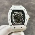 White tonneau-shaped skeleton mechanical watch featuring a visible gear movement - White Case White Strap