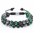 Bracelet tressé double couche avec œil de tigre vert, onyx et cordon ajustable - Œil de Tigre Vert (3 Perles Principales)