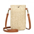 Vertical straw woven crossbody phone bag with red leather strap and gold buckle - Magnetic Closure / Khaki