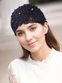 Dark blue lace headband with exquisite floral patterns and sparkling crystal beads - Navy Blue
