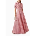 Elegant pink floral jacquard long dress with puffed sleeves and matching waist belt - S / Pink