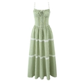 Green gingham long camisole dress featuring white lace patchwork and tie-front detail - S / Green Plaid