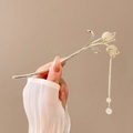 Elegant silver tassel hair stick with opal flowers and sparkling rhinestones - 183# Gold Tulip