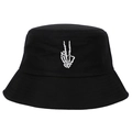 Black bucket hat with white skeleton hand embroidery for street style sun protection - Adjustable / Black