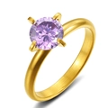 Polished gold stainless steel ring with a brilliant purple round zirconia in 4-claw setting - Gold/Purple Zirconia