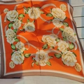 Elegant orange square silk scarf with ivory rose floral prints and gold buckle patterns - Red Floral Square Scarf / 65