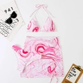 Flat lay detail of pink marble print three-piece bikini set with matching wrap skirt - S / Pink & White Fluid Marble