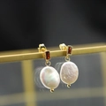 Baroque pearl earrings with square ruby gemstone and gold vintage geometric metal details - White Small-12mm-Red Zirconia
