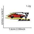 Detail showing dimensions of red race car embroidery patch with checkered flag - Racing Patch #26 (Race Car Logo)