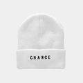 Close-up of black 'CHANCE' embroidery on white ribbed knit beanie for street fashion - CHANCE Alphabet Embroidery / White
