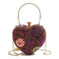 Purple heart clutch bag featuring gold floral embroidery and shimmering sequins with chain - Purple