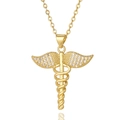 Gold Caduceus cross pendant necklace with white zircon wings on white background - Caduceus Staff Style (CX-D920)