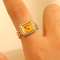 Gold chain ring with square yellow enamel face and crystal key detail on the top - Square (2784) / Gold