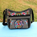 Black canvas cross-body bag featuring high-density floral and bird ethnic embroidery - Red Floral Coin