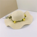 Wavy brim straw sun hat with decorative bee vine garland for beach vacation - Adult M / Beige