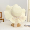 Women's wide brim sun hat in beige straw with a delicate lace bow detail - Solid Color Lace Creamy White