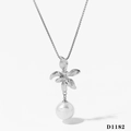 Collier avec fleur argentée et perle avec chaîne minimaliste en acier pour femme - Collier Argenté (D1182)