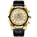 Skeleton automatic men's watch with gold case, black leather strap and Roman numerals - Black Leather Strap Gold Dial
