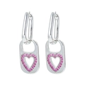Silver rectangle drop earrings with heart cutout and pink rhinestones in minimalist style - Platinum-Red