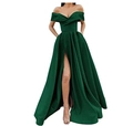 Elegante smaragdgrüne Off-Shoulder Satin-Abendkleid mit hohem Schlitz und V-Ausschnitt - Dunkelgrün