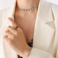 Silver chain jewelry set with rectangular orange gemstones worn with leopard print top - P256-Silver Color Champagne Zirconia Necklace-35+5cm
