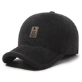 Berretto da baseball in lana grigio scuro da uomo con toppa in pelle e paraorecchie caldi - Regolabile / Nero
